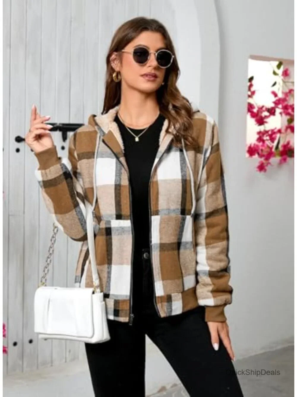 Women's Sherpa Lined Plaid Zip Up Casual Jacket with Hood